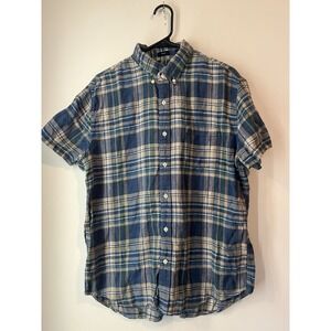 J Crew‎ Slim Linen Blend Button Down Short Sleeve Plaid Blue Green Mens L